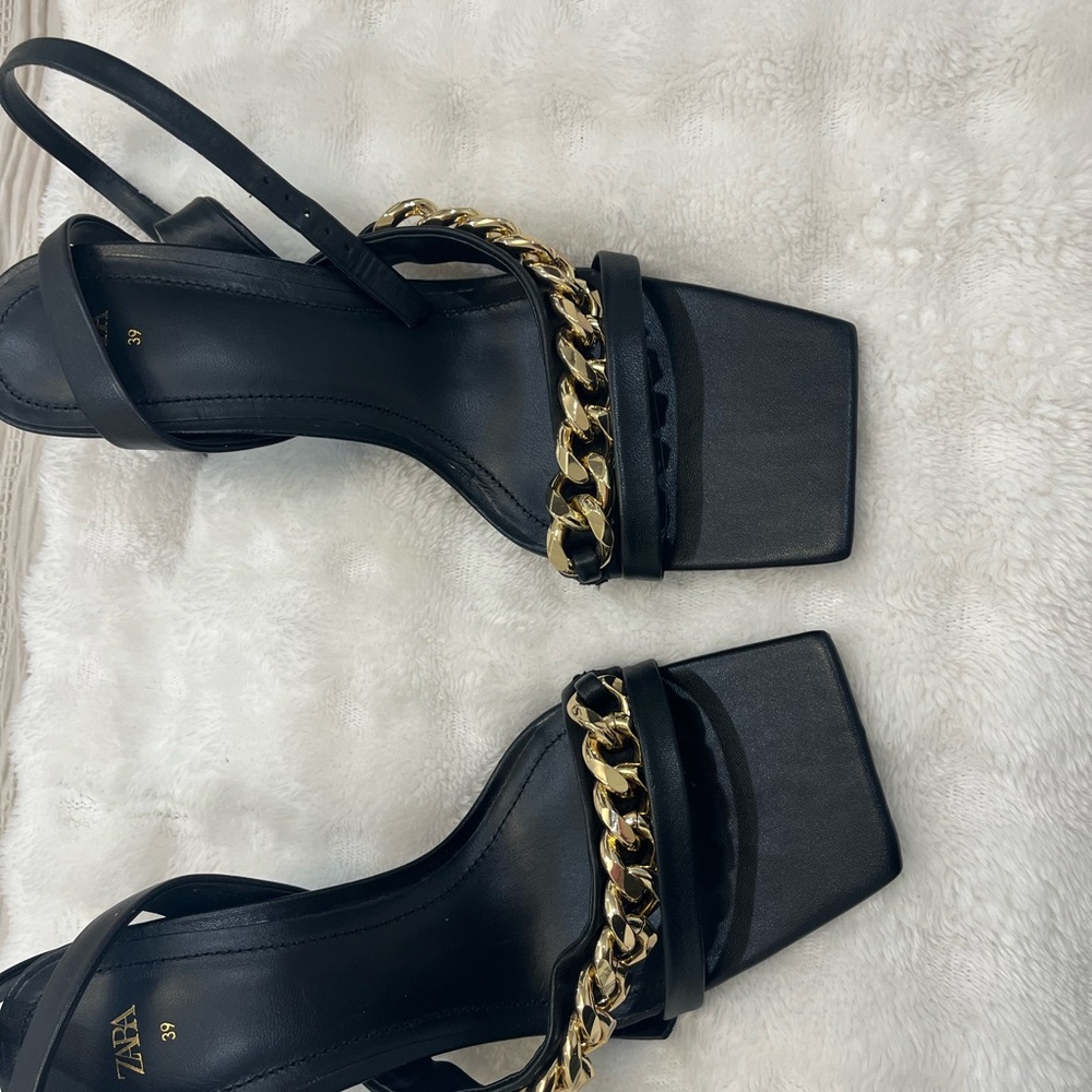 Zara Black Heels with Gold Chain Accent